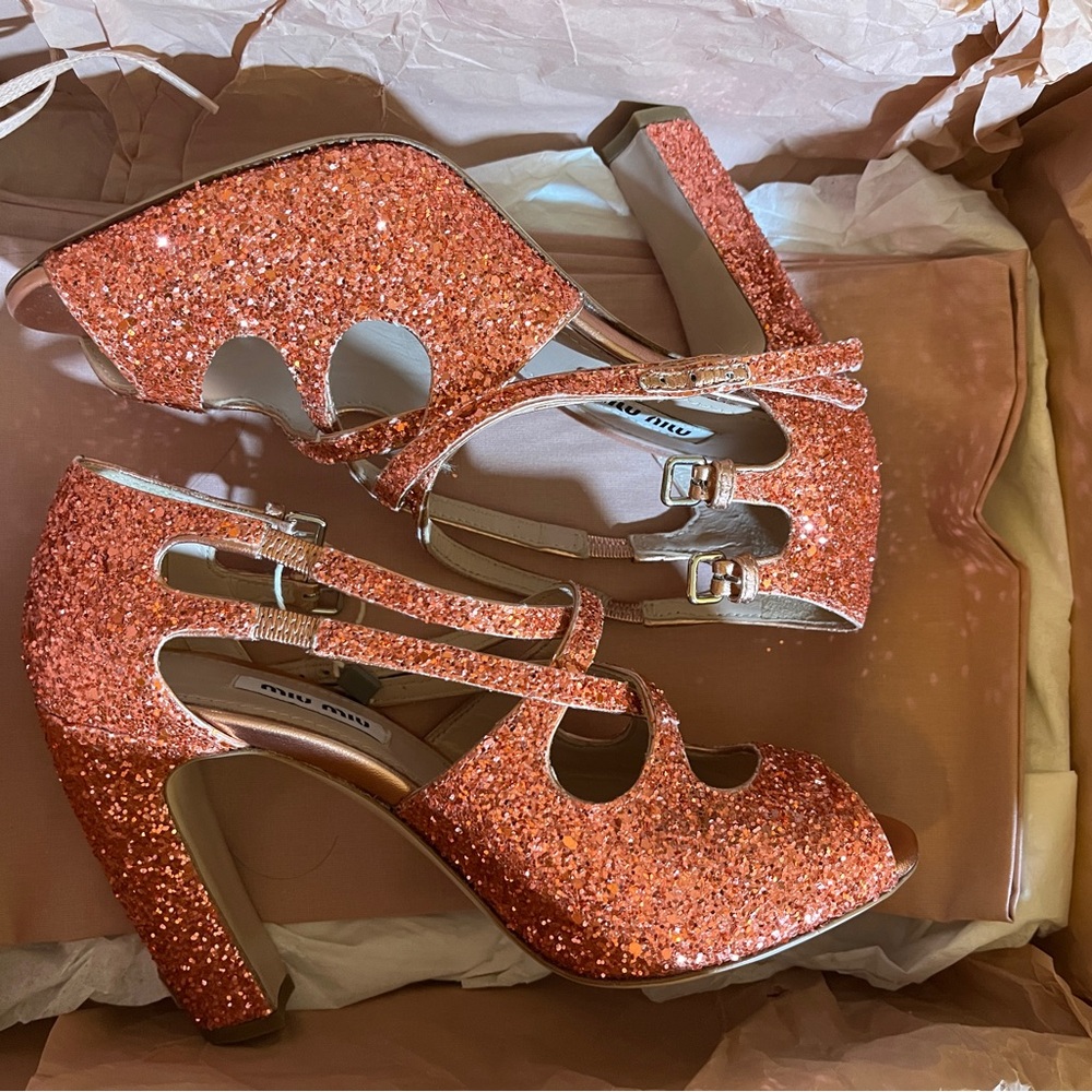 Miu Miu pink/coral/red glitter pumps